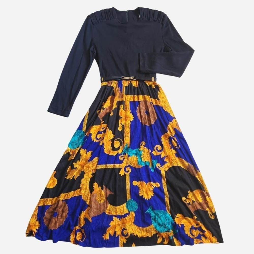 VTG Jessica Howard maxi dress boho design in gold and blue long sleeves belt